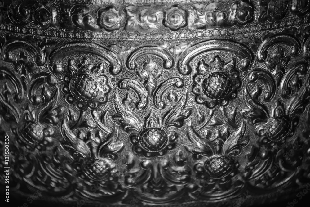 Thai art silver handcraft antique bowl foliage emboss design for background