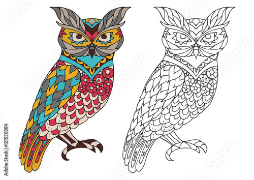 Printable coloring book page for adults - owl design, activity to older children and relax adult. vector   with Islam, Arabic, Indian, ottoman motifs. colorful  outline options