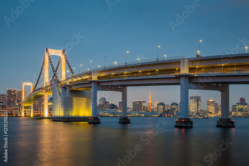 Tokyo bay view with Tokyo Rainbow bridge and Tokyo Tower in evening