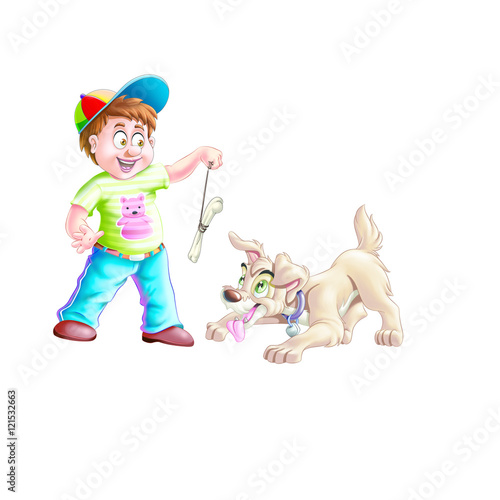 Boy with a bone near a dog