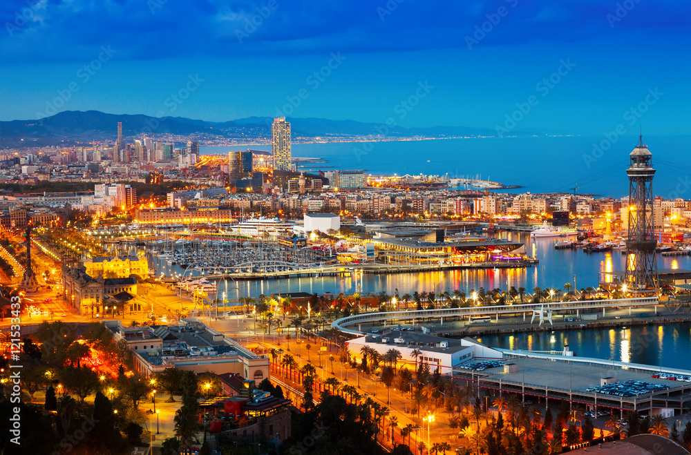 Top view of Port in Barcelona during evening