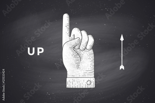 Vintage drawing of hand sign upstairs or hand pointing up in engraving retro style, drawing on chalkboard with text Up. Old drawn hand sign up for information sign, navigation. Vector Illustration