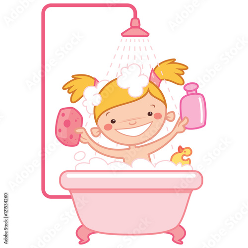 Happy cartoon baby girl kid in pink bath tub