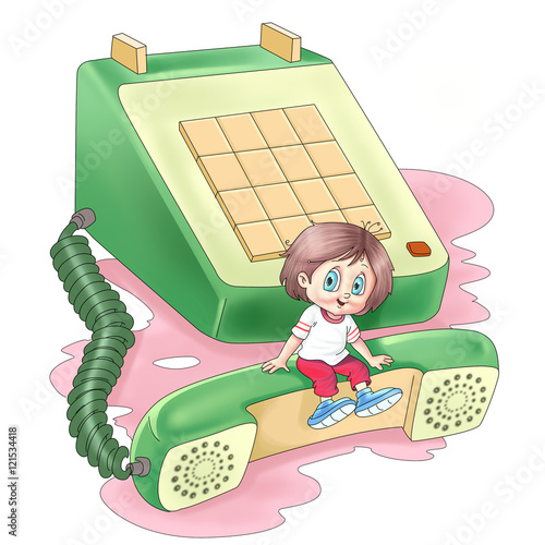 Girl sits on a big phone