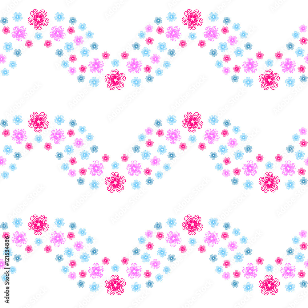 Cute seamless pattern with many repeating flower waves, on the white (transparent)  background. Vector illustration