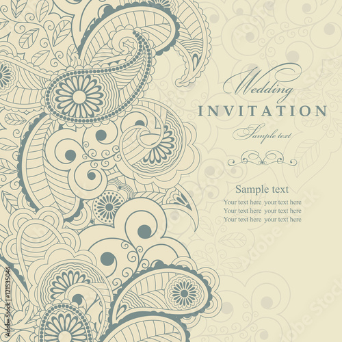 Wedding Invitation. Greeting Card with Flowers in a folk style