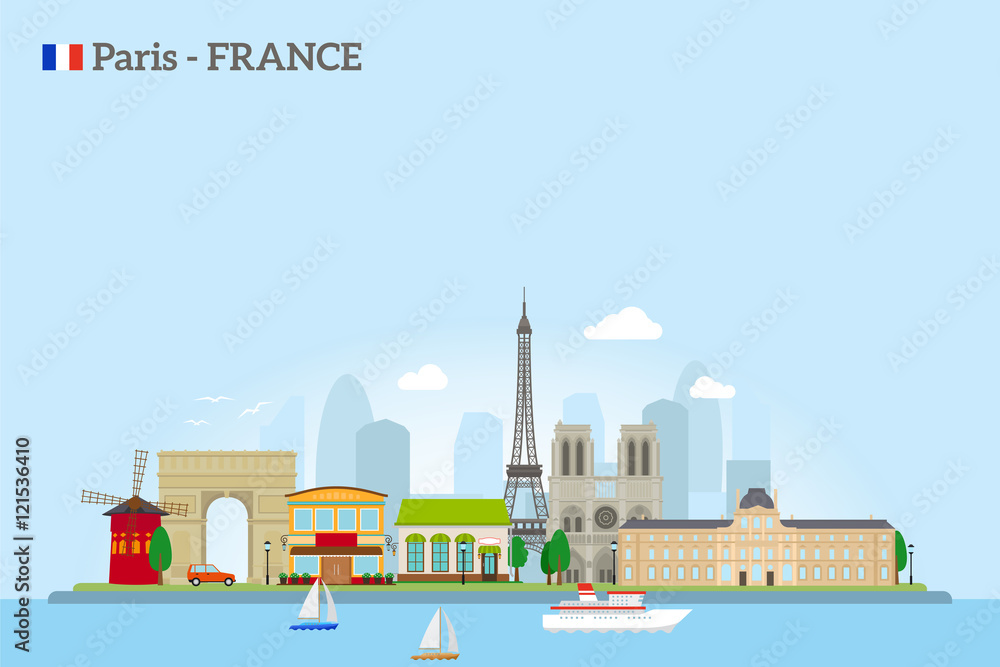 Obraz premium Paris skyline in flat style. Colrfus illustration on sky blue background. Vector icon