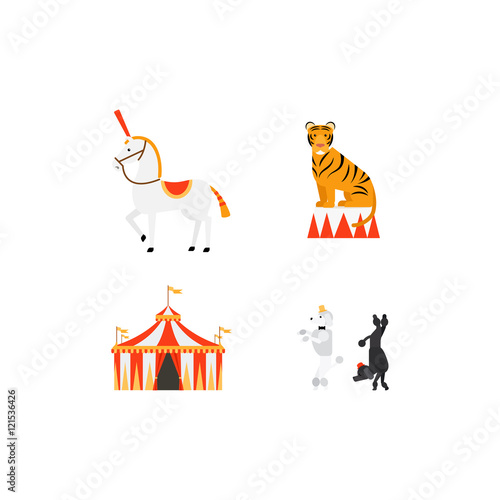 Circus vector flat icons set with tiger elephant dogs and tent