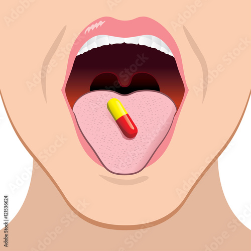 Illustration of a person with a capsule in the mouth about to swallow. Ideal for medical material and institutional