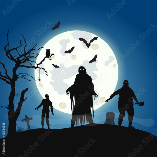 Halloween background with zombie on the full moon