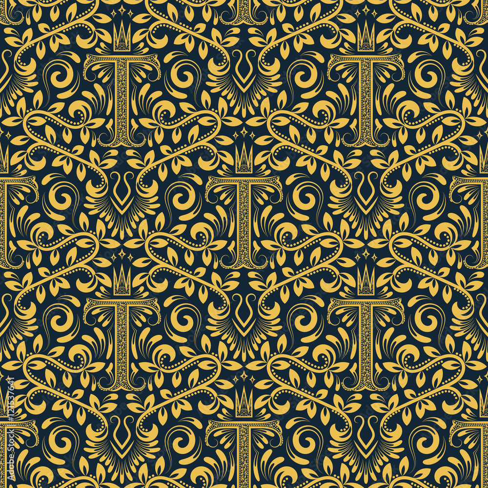 Damask seamless pattern repeating background. Golden blue floral ornament with T letter and crown in baroque style. Antique golden repeatable wallpaper.