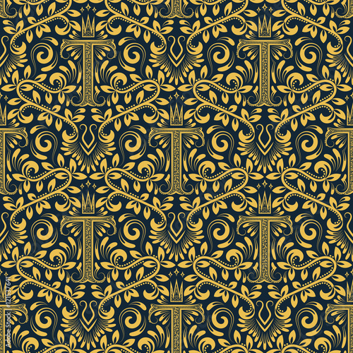 Damask seamless pattern repeating background. Golden blue floral ornament with T letter and crown in baroque style. Antique golden repeatable wallpaper.