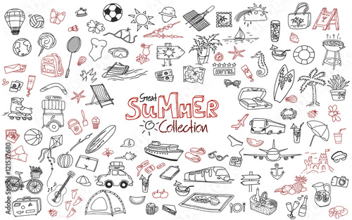 Hand drawn collection of the summer doodles. Line art set of the different objects.