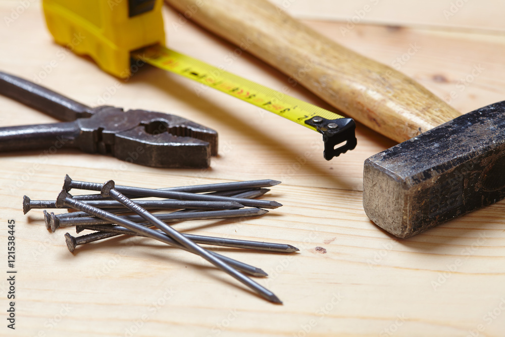 set of tools on the wood background