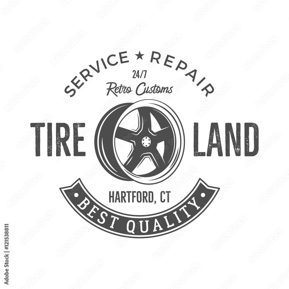 Vintage label design. Tire service emblem in monochrome retro style with vector old wheel and typography elements. Good for tee shirt design, prints, car service logo, repair station label, pathes.