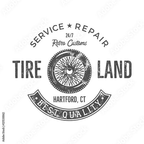 Vintage tire service label design. Retro emblem in monochrome retro style with vector old wheel and typography elements. Good for tee shirt design, prints, car service logo, repair station label