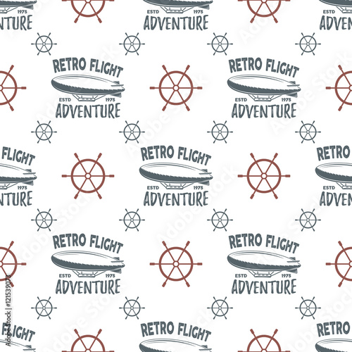Vintage airship seamless pattern. Retro Dirigible wallpaper design with steering wheel and typography elements. Old sketching style. Aeronautic transport  . Vector background