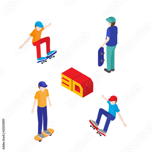 Teenagers skateboard. Vector illustration in flat 3d isometric