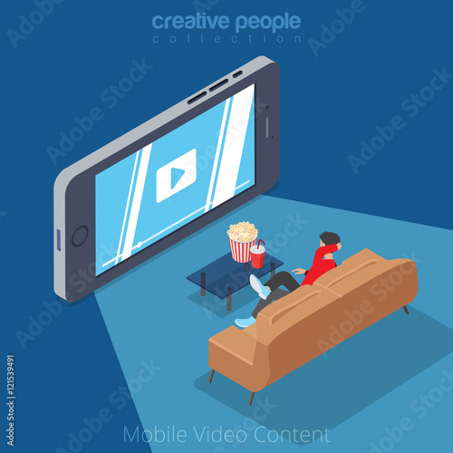 Flat isometric man mobile video cinema smartphone vector 3d.