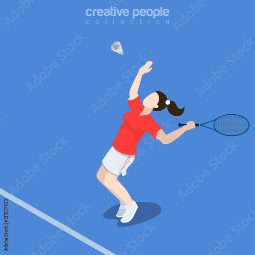 Flat isometric Badminton Player vector illustration woman 3d