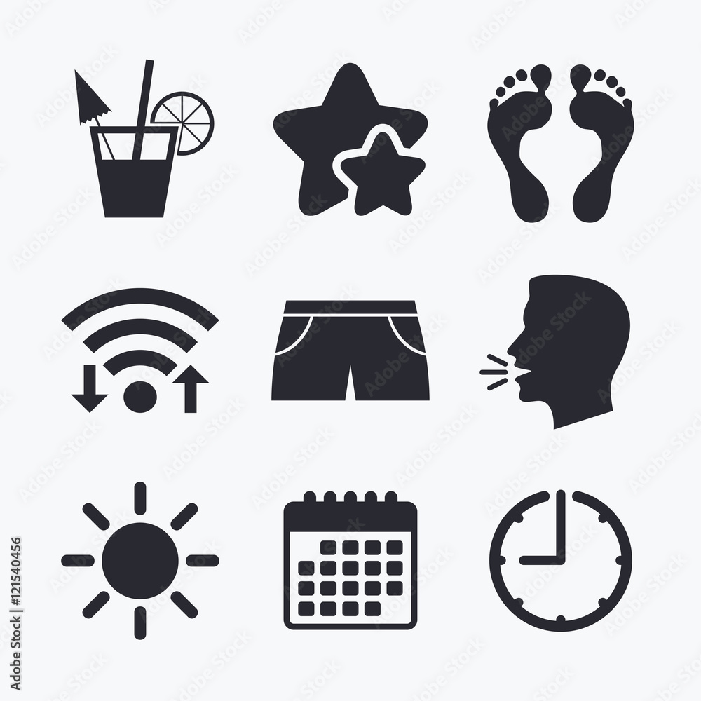 Beach holidays icons. Cocktail, human footprints Beach holidays icons. Cocktail, human footprints
