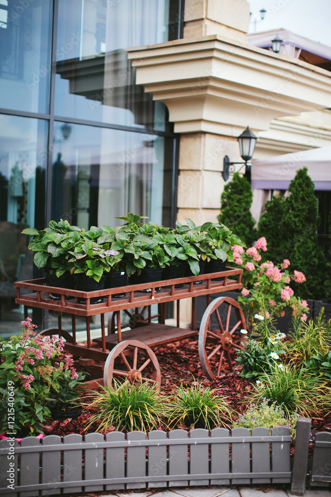 outdoor garden décor, wooden cart with flowers