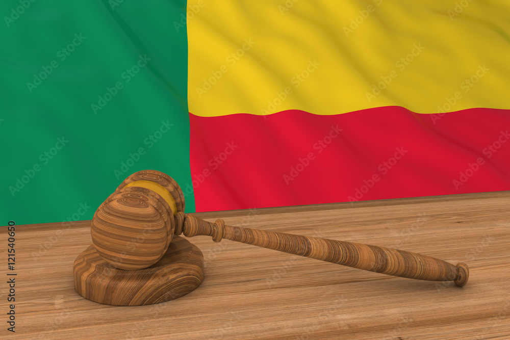 Beninese Law Concept - Flag of Benin Behind Judge's Gavel 3D Illustration