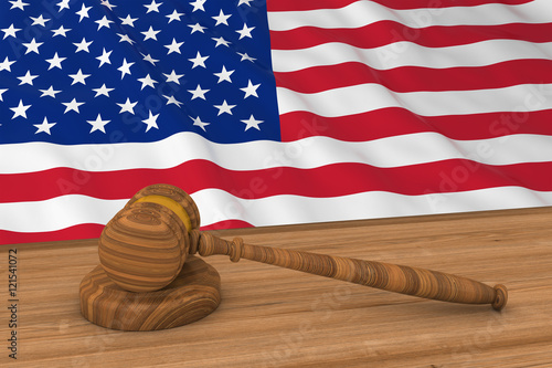 US Law Concept - Flag of America Behind Judge's Gavel 3D Illustration