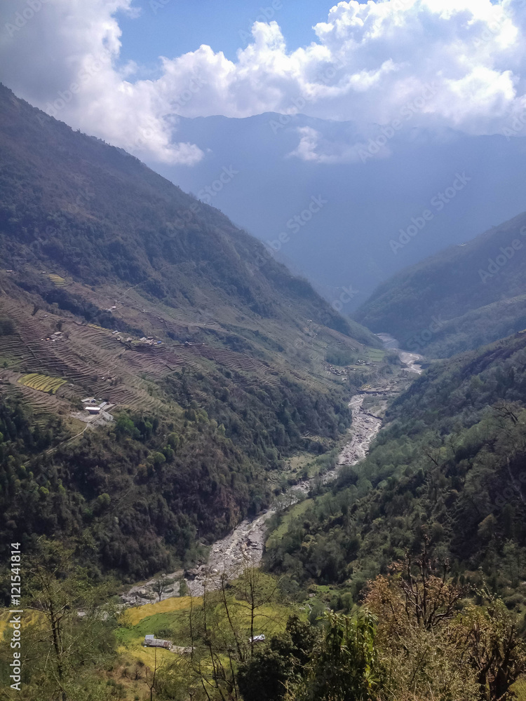 Annapurna base camp route landscape view from Tadapani to Chomrong, mountain, rice field, village, river, Nepal
