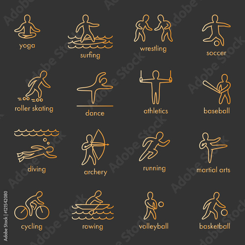 Gold vector icons of sportsmen on white background