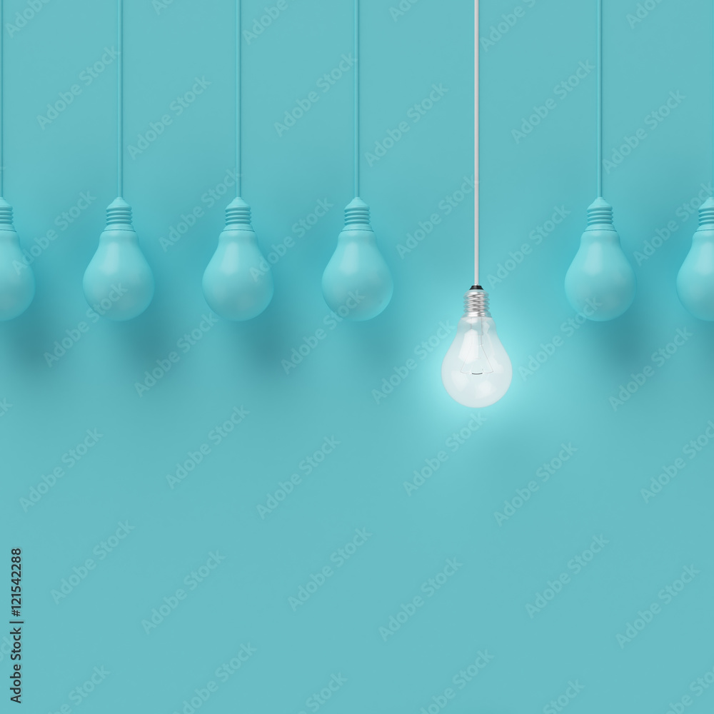 Hanging light bulbs with glowing one different idea on light blue background , Minimal concept idea , flat lay , top - obrazy, fototapety, plakaty 
