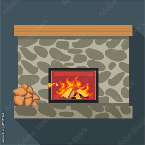 Digital vector fireplace room with burning wood, flat style