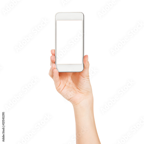 Female hand showing smartphone of white screen, front view, isolated.
