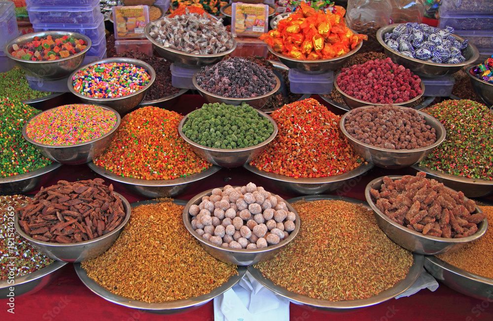 stall with spicery on the street market in Ahmedabad