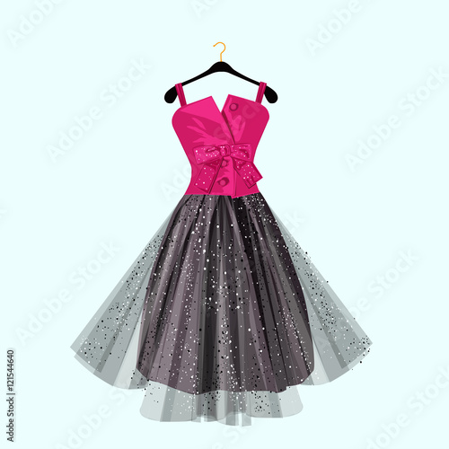 Pink and dark party dress with bow. Vector fashion illustration.