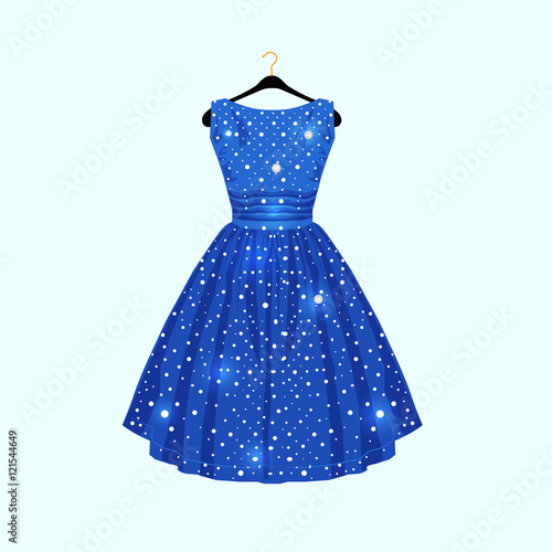 Blue dress with white dots. Vector fashion illustration.