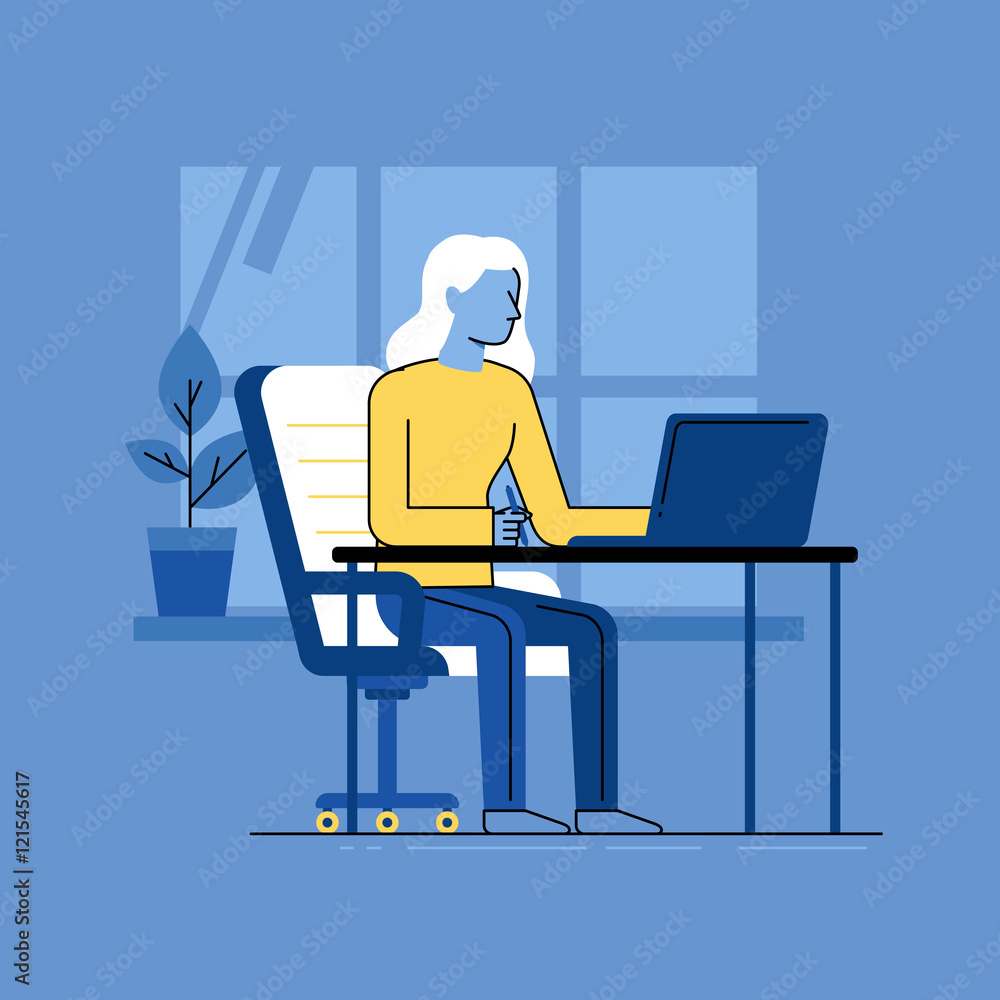 Vector illustration - woman working sitting at the desk with lap Vector illustration - woman working sitting at the desk with lap
