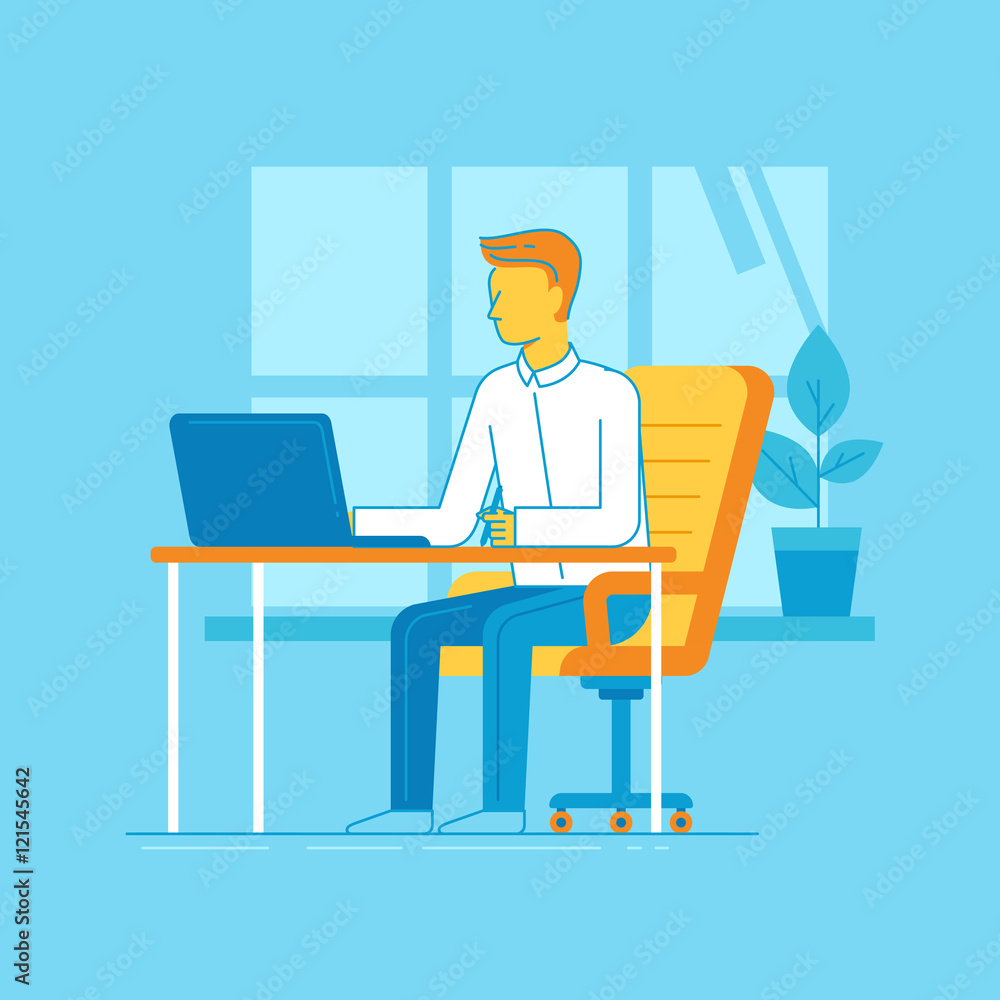 Vector illustration - man working sitting at the desk with lapto