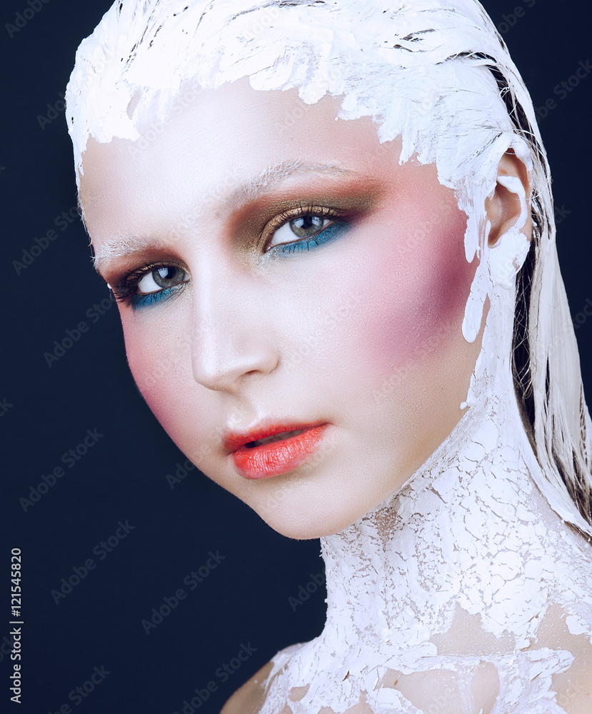 Girl with a white body painting with cracks and makeup Stock Photo Adobe Stock