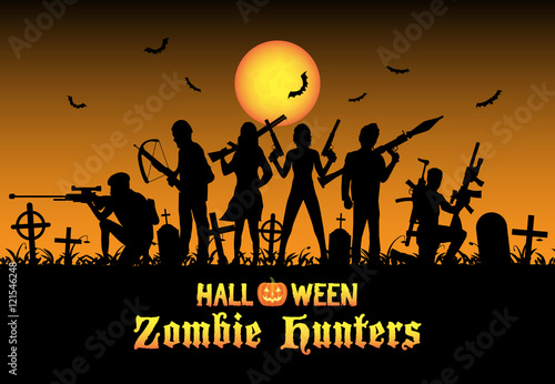 halloween zombie hunters team at graveyard