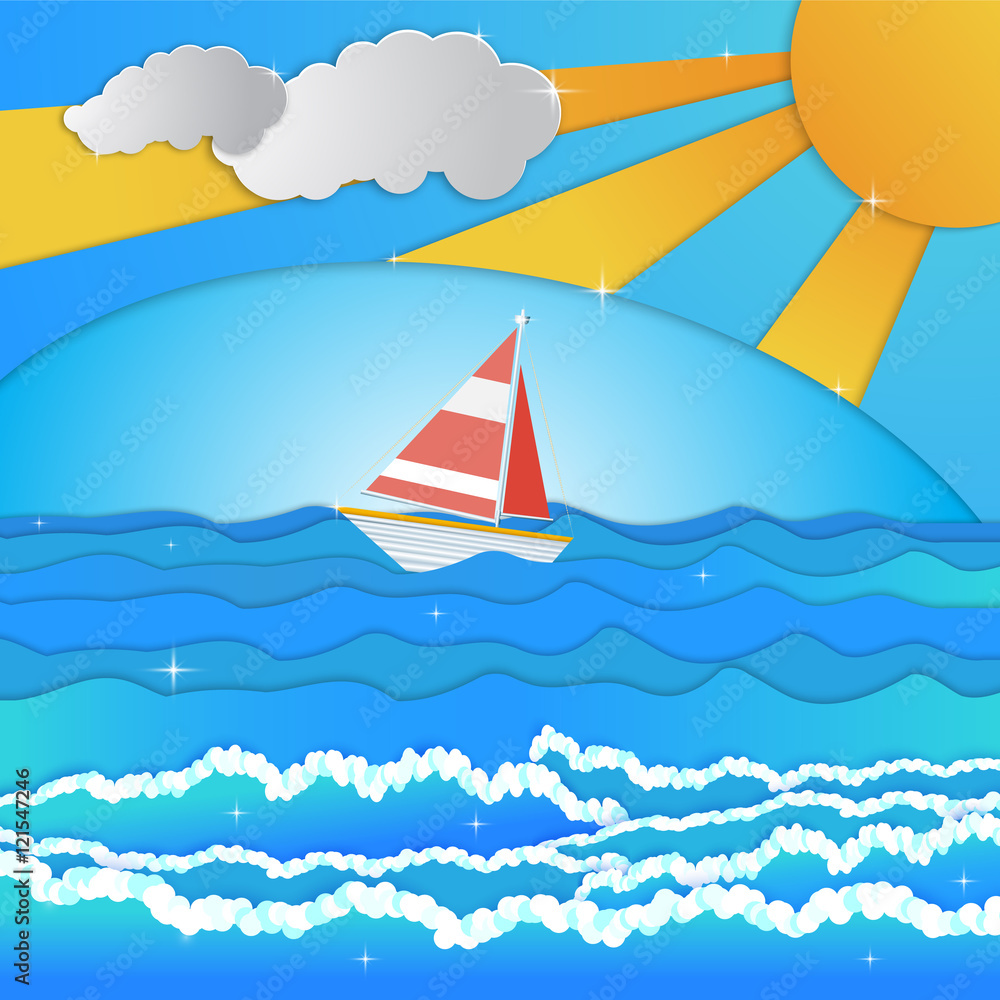 Naklejka premium Sailing boat, cloud with bright summer sun .Paper cut style.