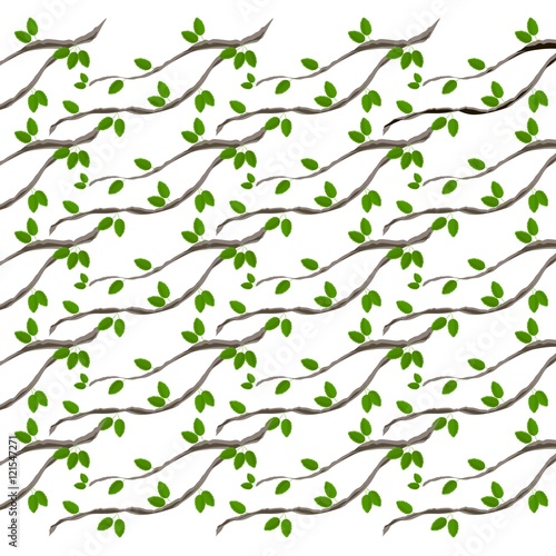 Seamless summer painting pattern branch tree with green leafs on white, vector illustration