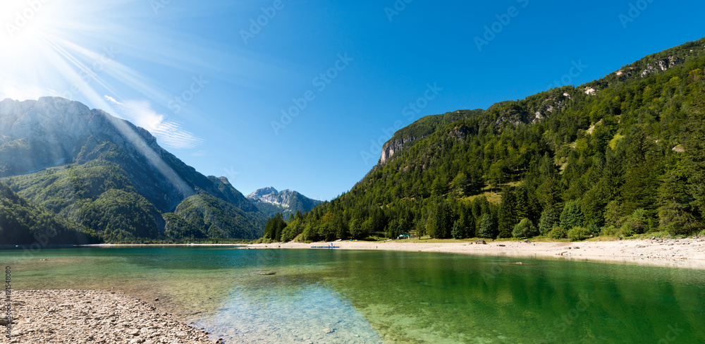 Lago del Predil (Predil Lake). Mountain lake in Julian Alps, Friuli Venezia Giulia, Italy