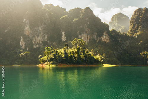 Beautiful mountains lake river sky and natural attractions in Ratchaprapha Dam at Khao Sok National Park, Surat Thani Province, Thailand.