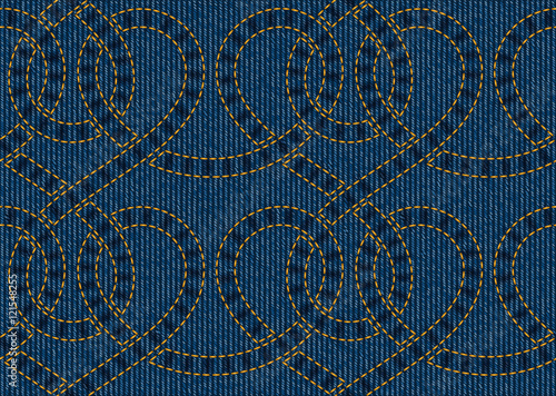 Vector seamless pattern embroidered on blue denim texture background