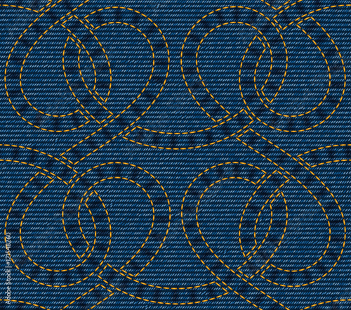 Vector seamless pattern embroidered on blue denim texture background