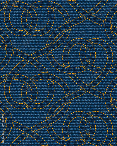 Vector seamless pattern embroidered on blue denim texture background