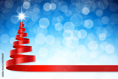 Christmas ribbon tree with blue defocused background