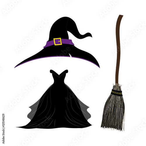 Witch Hat with Strap and Buckle. Black Gothic Witch Dress. Witch Broom. Halloween Costume Set. Vector Illustration. isolated on white background