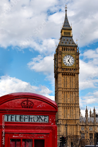 Red phone booth and Big Ben  two famous symbols of London  UK
